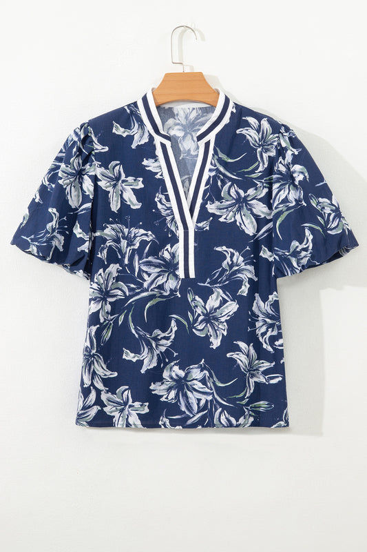 Blue Floral Print Short Puff Sleeve Striped Trim V Neck Blouse