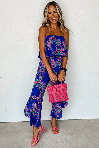 Blue Mix Tropical Print Strapless Ruffled Jumpsuit - Chic Meadow Boutique 