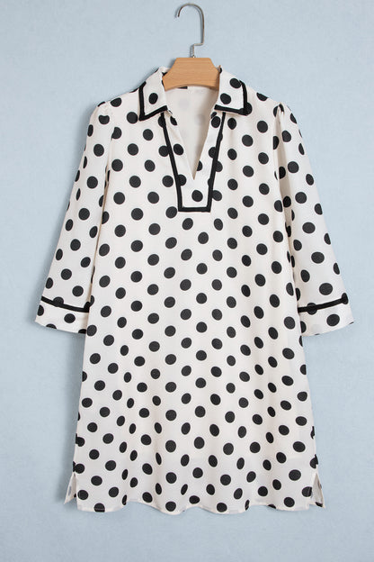 White Polka Dot Half Sleeve Collar V Neck Pocketed Casual Mini Dress