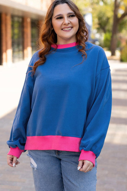 Plus Size/Plus Size Sweatshirts & Hoodies Sky Blue Color Block Edge Balloon Sleeve Plus Size Sweatshirt