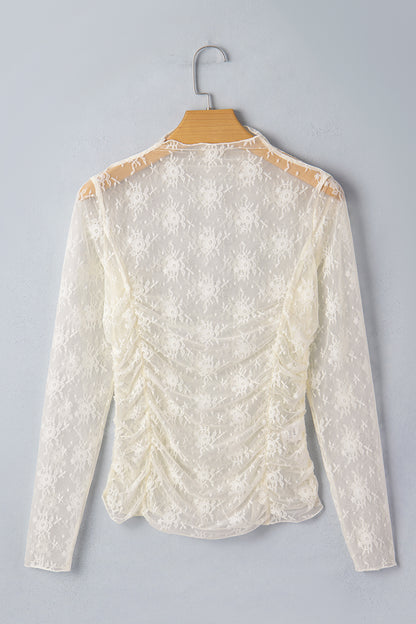 Jet Stream Sheer Floral Mesh Ruched Long Sleeve Top