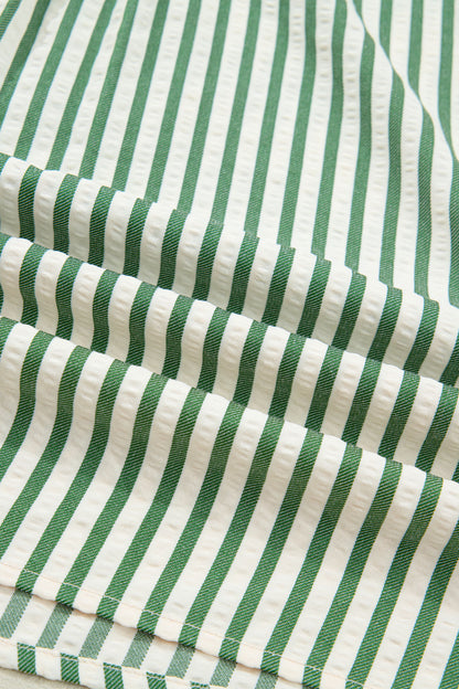 Green Stripe Collared Split Neck Short Bubble Sleeve Blouse