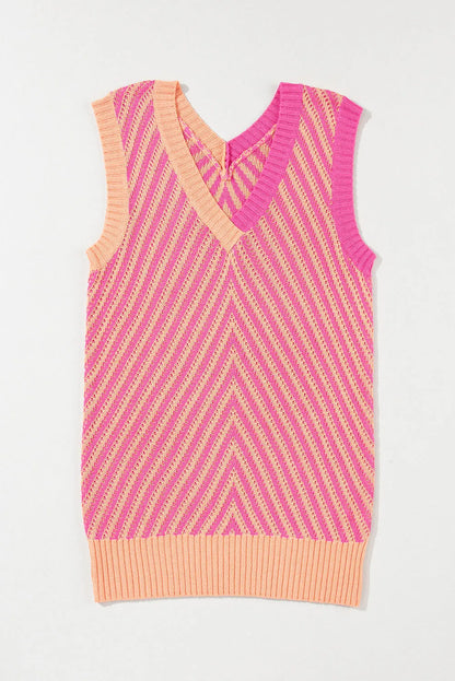 Strawberry Pink Contrast Chevron Knit V Neck Sweater Vest - Chic Meadow Boutique 