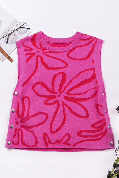 Bright Pink Button Sides Sleeveless Floral Knitted Top - Chic Meadow Boutique 