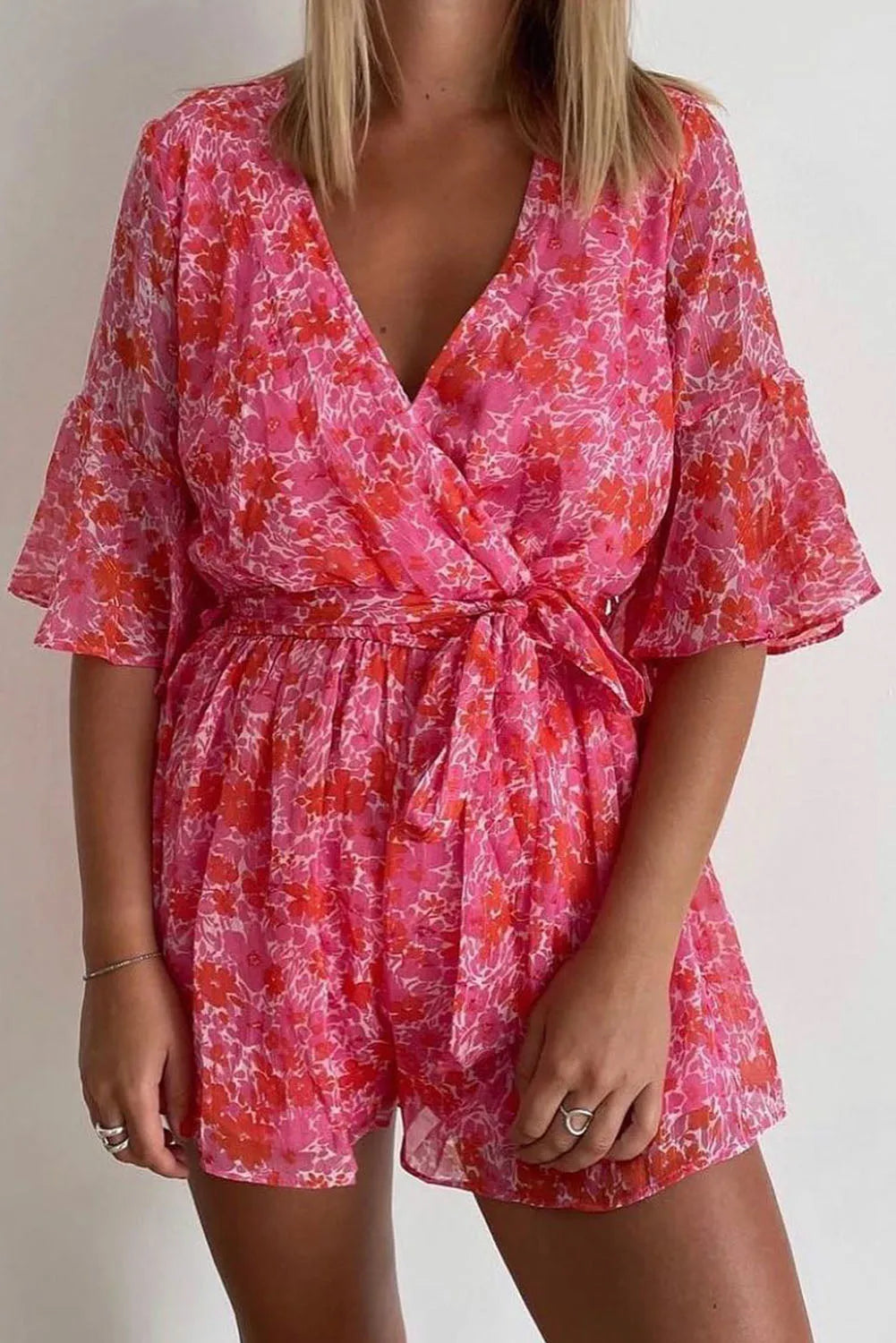 Pink V Neck Ruffled Sleeve Floral Romper - Chic Meadow Boutique 