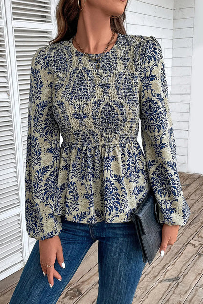 Sky Blue Boho Printed Balloon Sleeve Smocked Peplum Blouse - Chic Meadow Boutique 