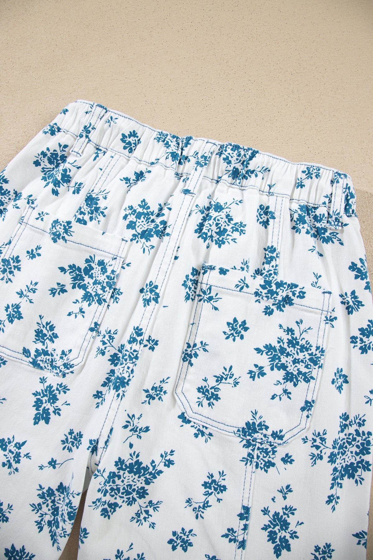 Sky Blue Floral Print Tie Waist Straight Leg Jeans