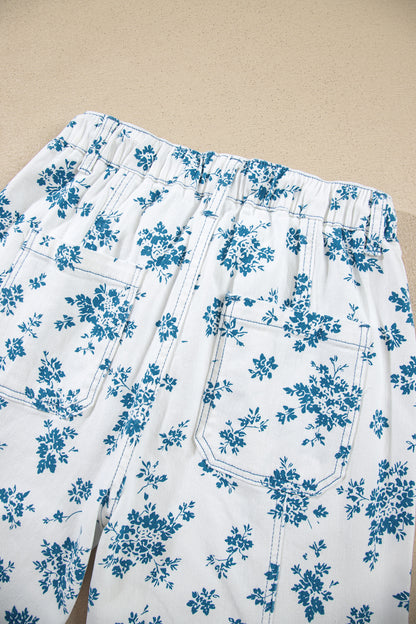 Sky Blue Floral Print Tie Waist Straight Leg Jeans