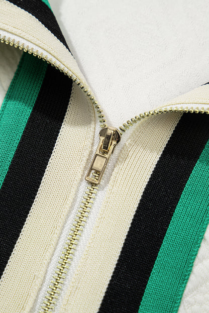 White Textured Jacquard Colorblock Edge Puff Sleeve Quarter Zip Mini Dress