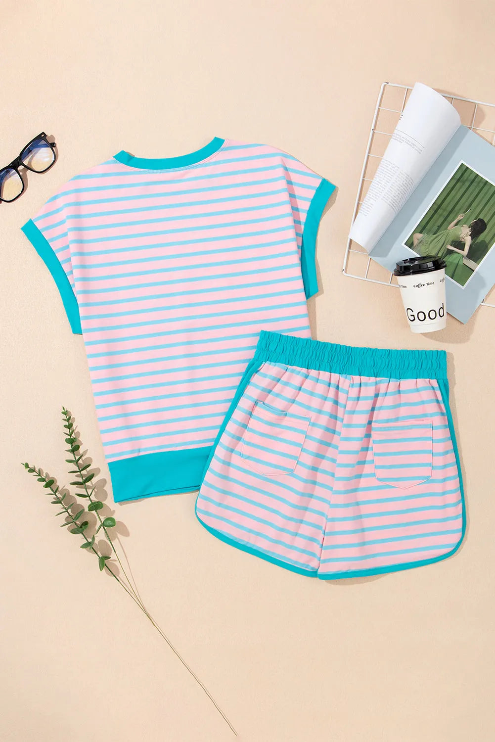 Pink Stripe Color Block Loose Fit Two Piece Shorts Set - Chic Meadow Boutique 