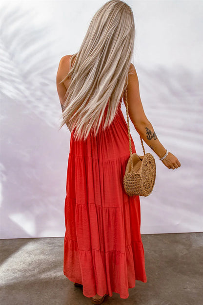 Red O-ring Smocked Back Spaghetti Straps Tiered Maxi Dress - Chic Meadow Boutique 