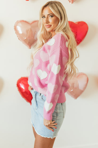 Pink Pearled Heart Print Valentines Crew Neck Sweater