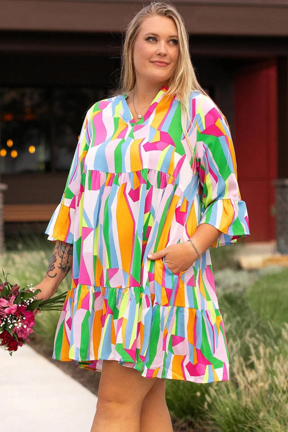 Plus Size/Plus Size Dresses/Plus Size Mini Dresses Multicolour Plus Size Vibrant Abstract Print Tiered Ruffled Mini Dress