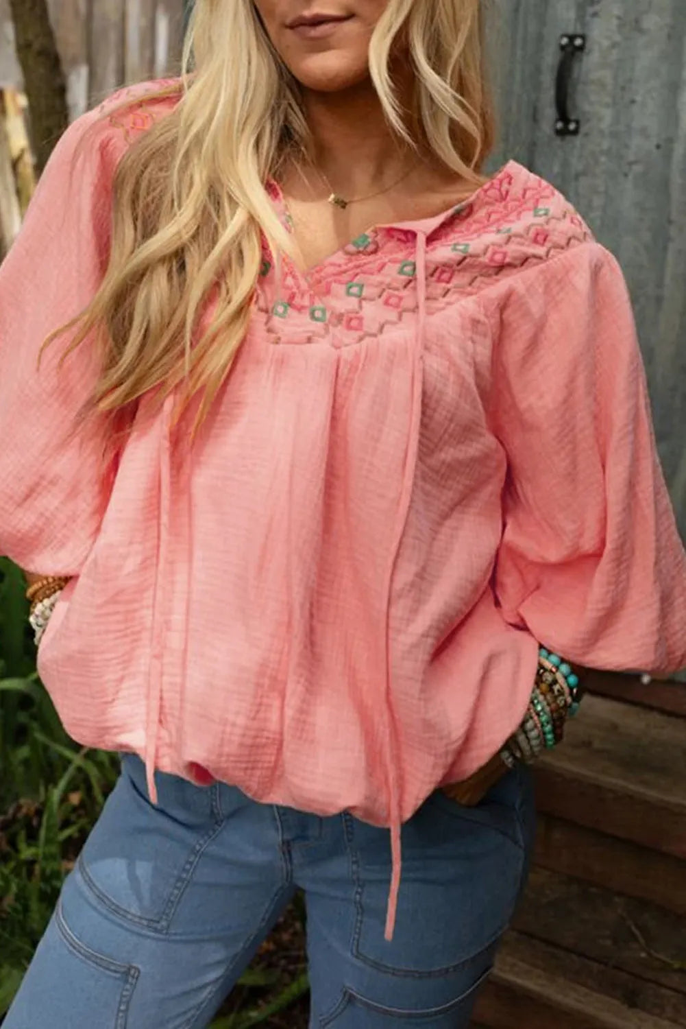 Apricot Pink Geometric Embroidered V Neck Puff Sleeve Blouse - Chic Meadow Boutique 