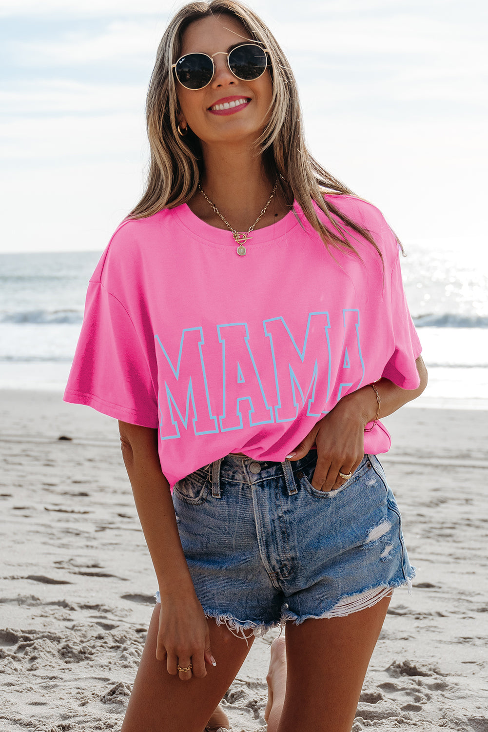 Bright Pink MAMA Letter Graphic Neon T Shirt