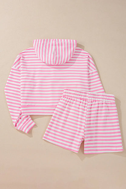 Pink Stripe Kangaroo Pocket Hoodie and Wide Leg Shorts Set - Chic Meadow Boutique 