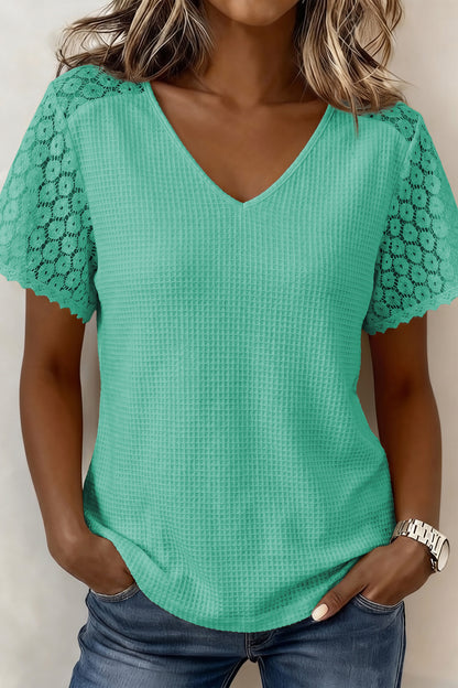 Mint Green Lace Splicing Button Cutout V Neck Waffle Knit Blouse