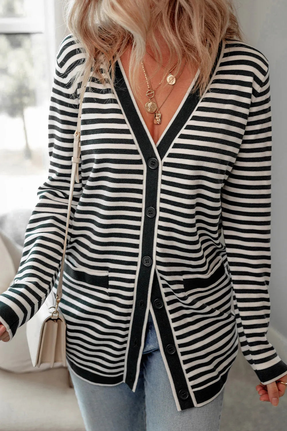 Black Stripe Long Sleeve Button up Tunic Cardigan - Chic Meadow Boutique 