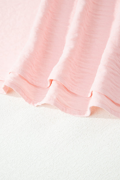 Light Pink Solid Color Ruffle Trim Short Sleeve Blouse