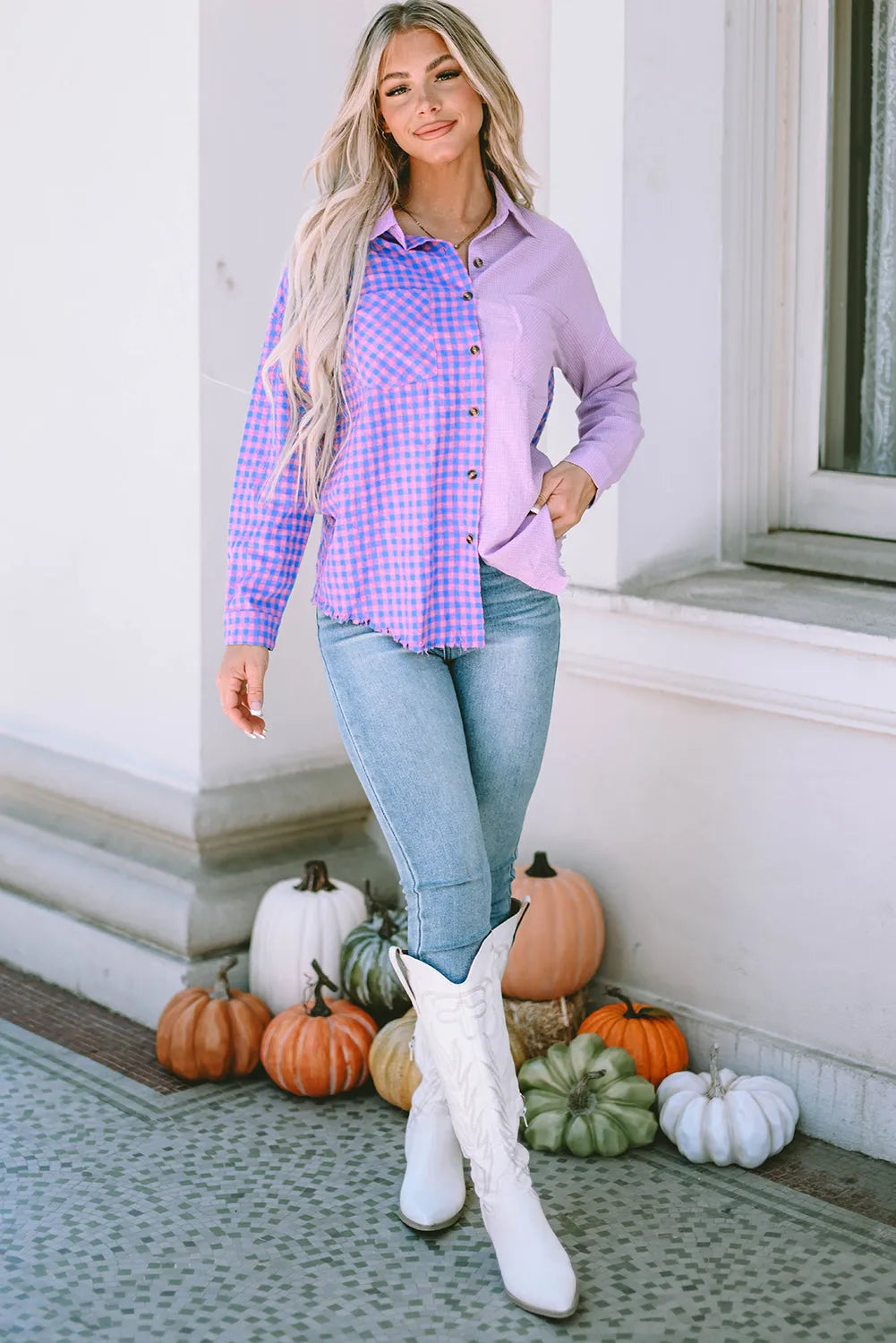 Purple Mixed Plaid Button Down Long Sleeve Chest Pocket Shirt - Chic Meadow Boutique 