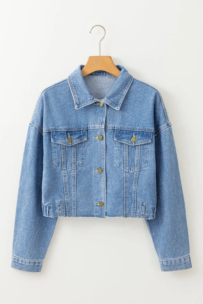 Sky Blue Medium Wash Chunky Cropped Denim Jacket - Chic Meadow Boutique 