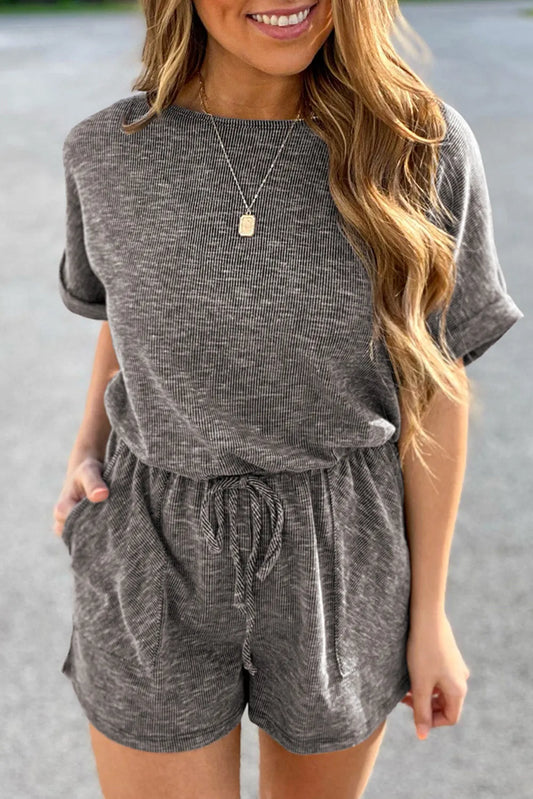 Gray Ribbed Elastic Waist Romper - Chic Meadow Boutique 