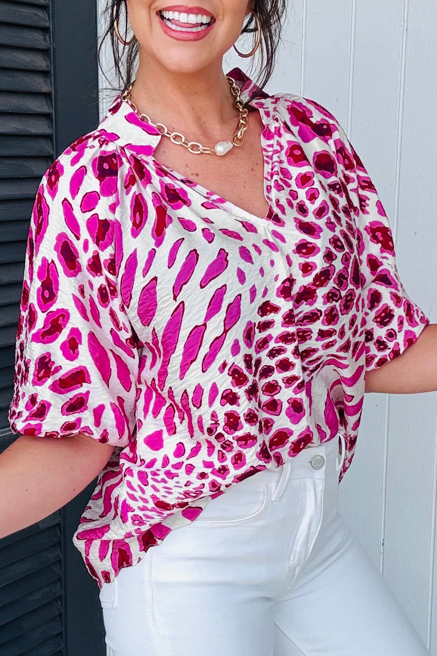 Rose Leopard Print V Neck Puffy Half Sleeve Blouse