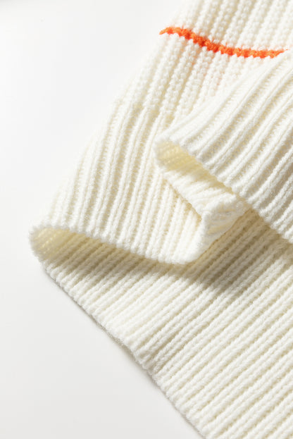 White Colorful Striped Detail V Neck Drop Shoulder Baggy Sweater