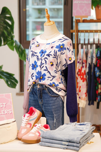 Khaki Floral Panel Colorblock Sleeve Patchwork Sweater