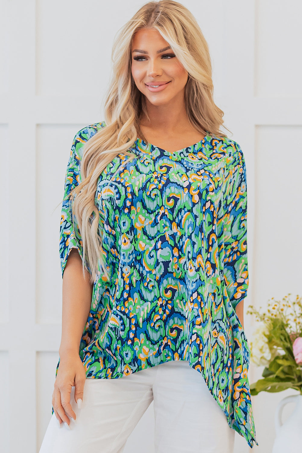 Green Abstract Print V Neck Half Sleeve Loose Fit Tunic Blouse