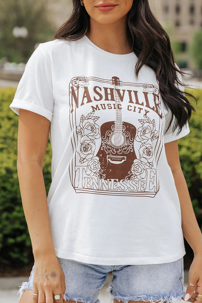 White NASHVILLE MUSIC CITY Graphic Crew Neck Tee - Chic Meadow Boutique 