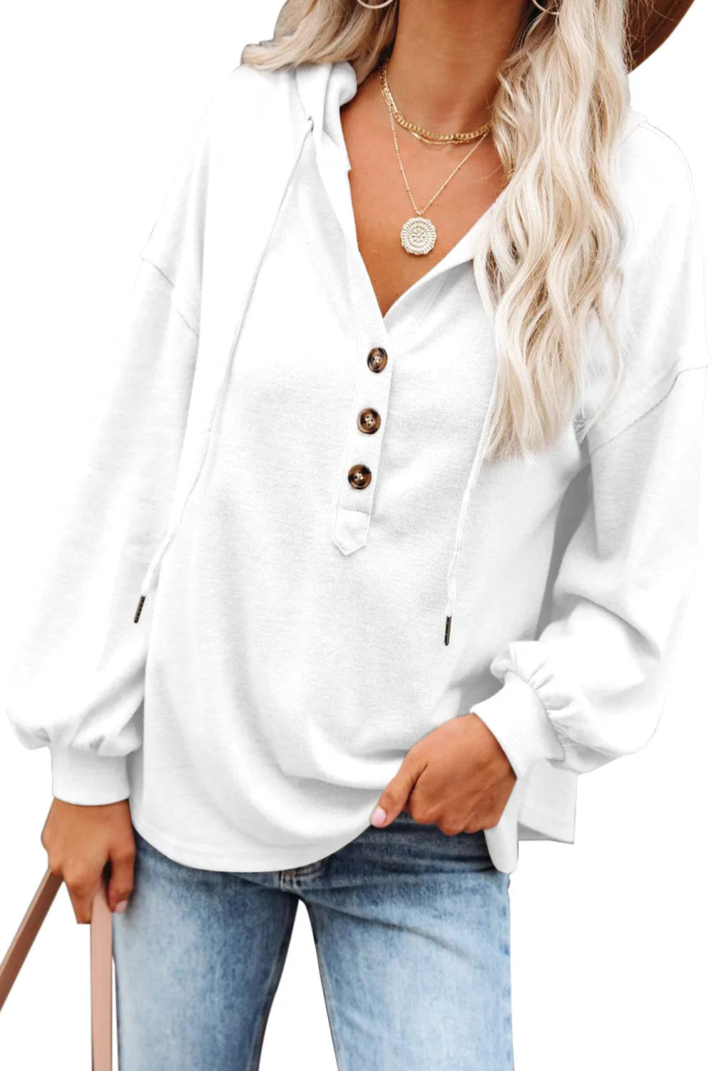 White Buttoned High and Low Hem Hoodie - Chic Meadow Boutique 