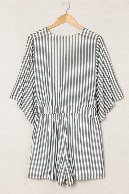 Gray 3/4 Wide Kimono Sleeves Tie Front Striped Romper with Pockets - Chic Meadow Boutique 