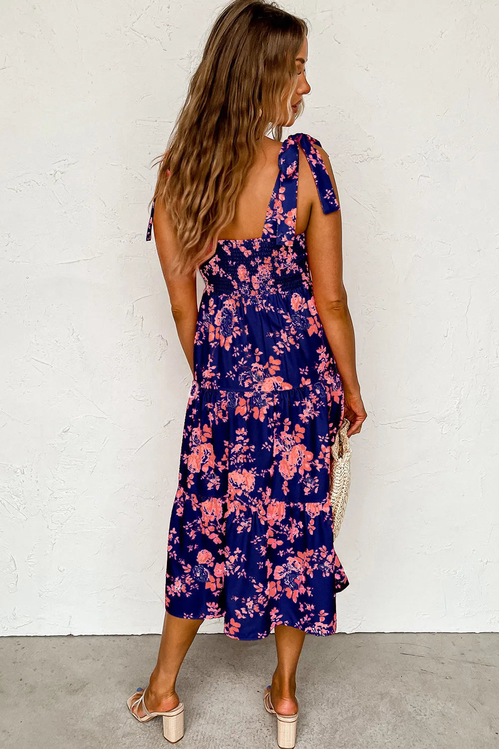 Blue Tie Shoulder Straps Tiered Floral Dress - Chic Meadow Boutique 