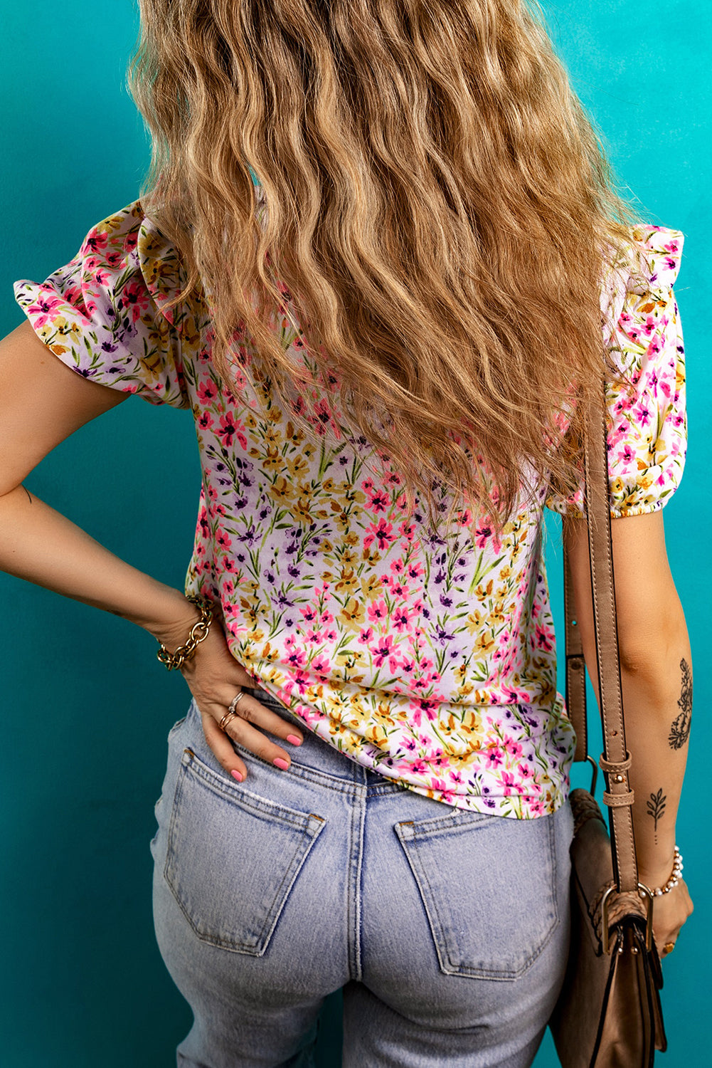 Pink Floral Puff Short Sleeve Crewneck Blouse