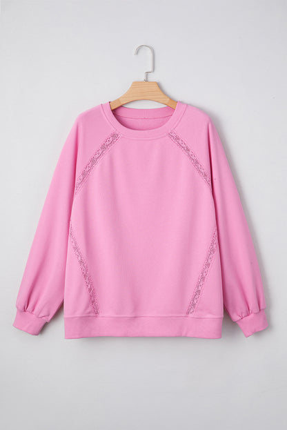 Bright Pink Lace Patched Raglan Sleeve Loose Fit Sweatshirt