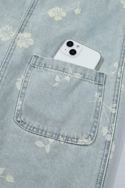 Sky Blue Retro Wash Denim Floral Print Overall Mini Dress