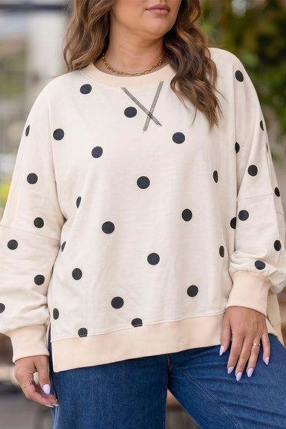 Beige Round Neck Long Sleeve Polka Dot Plus Size Top