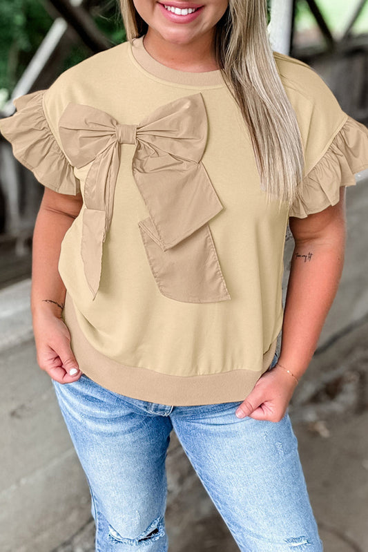 Parchment Ruffled Short Sleeve Bowknot Applique Crew Neck Plus Size Top