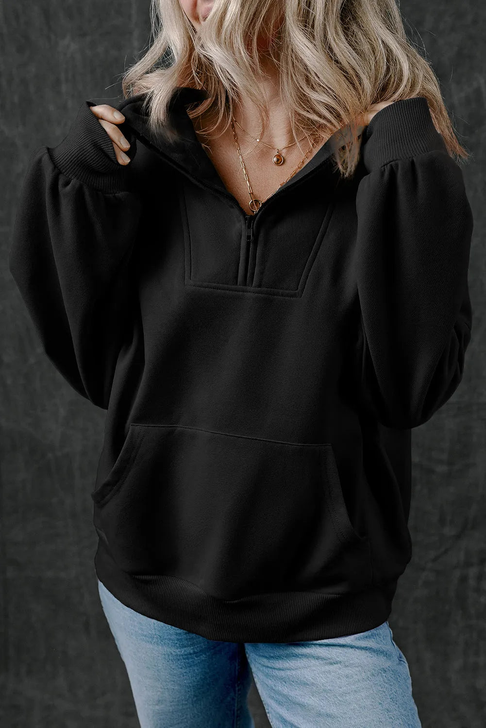 Black Zip-up Stand Neck Kangaroo Pocket Sweatshirt - Chic Meadow Boutique 