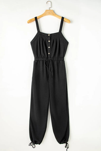 Black Knotted Straps Button Textured Drawstring Jumpsuit - Chic Meadow Boutique 