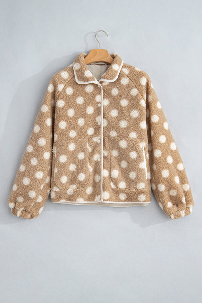 Khaki Polka Dot Faux Fur Metal Button Placket Shift Silhouette Jacket