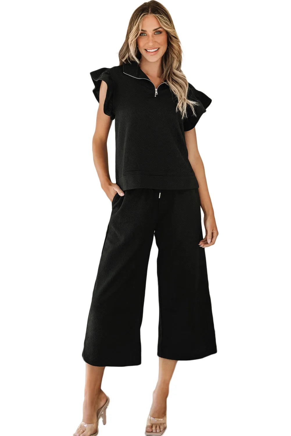 Black Textured Flutter Sleeve Top Wide Leg Pants Set - Chic Meadow Boutique 