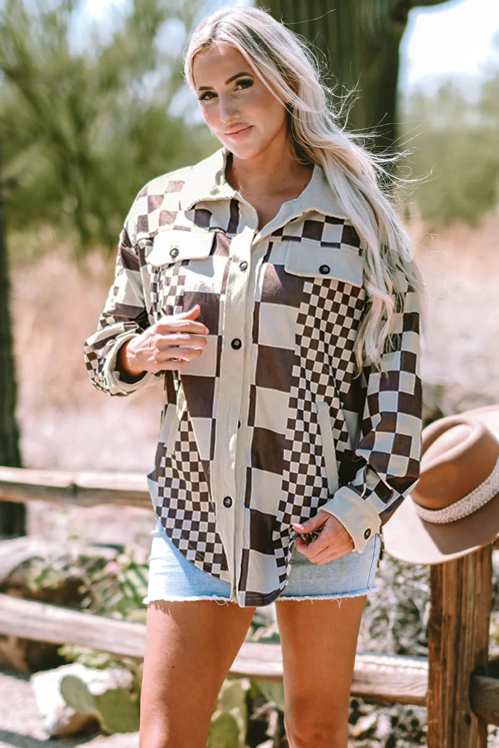 Brown Checkered Print Patchwork Corduroy Shacket - Chic Meadow Boutique 