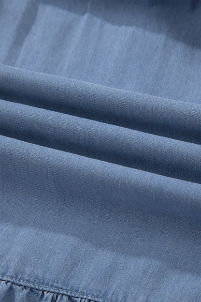 Beau Blue Elastic Waist Ruffled Tiered Flared Denim Maxi Skirt