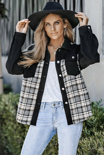 Black Plaid Patchwork Raw Hem Denim Jacket - Chic Meadow Boutique 