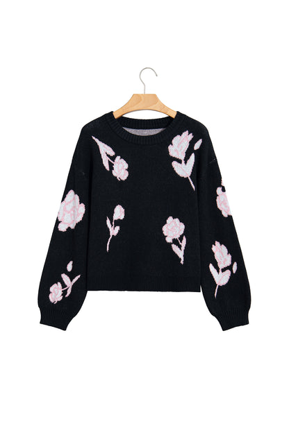 Black Floral Pattern Puff Sleeve Dropped Shoulder Pullover Sweater