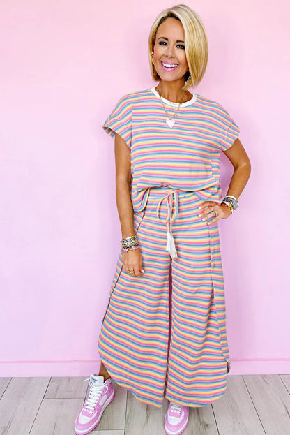 Pink Stripe Rainbow Tee Tasseled String Wide Leg Pants Set - Chic Meadow Boutique 