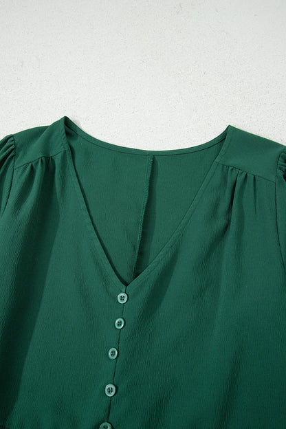 Blackish Green Solid Long Sleeve Button V Neck Tiered Maxi Dress