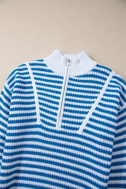 Sky Blue Stripe Zip up Collar Drop Shoulder Sweater - Chic Meadow Boutique 